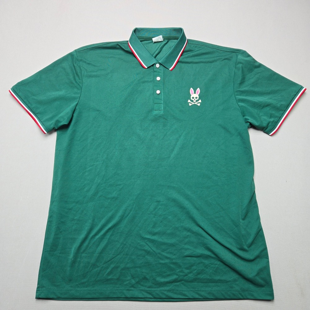 Psycho Bunny Polo Shirt Skull Crossbones Logo Tipped Trim Green Mens XL Golf Tee